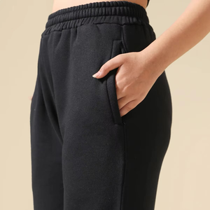 Pantalon décontracté en coton tricoté noir pour femme, coupe ample, taille haute, jambe large, longueur intégrale, couleur unie, taille élastique, idéal pour l'automne - Product Image 5