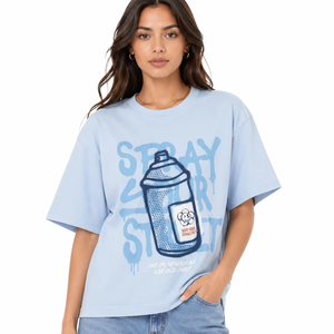 T-shirt graphique bleu clair de qualité supérieure pour femme, imprimé style spray art, coupe oversize, décontracté, en coton, col rond, manches courtes - Product Image 1