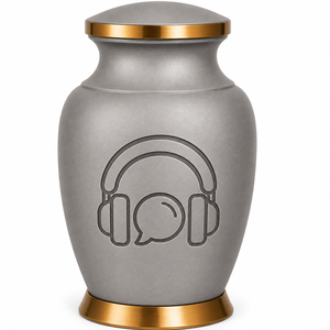 Elegante Urna Funeraria Gris Mate con Auriculares y Grabado de Icono de Chat, Urna Conmemorativa Premium para Amantes de la Música y Entusiastas de los Podcasts - Product Image 1