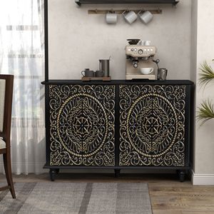 Buffet en bois sculpté vintage de 48 pouces avec 4 portes, grand espace de rangement, armoire décorative pour salon - Product Image 5