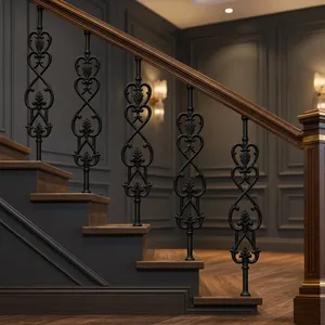 European Style <b>Wrought</b> <b>Iron</b> Stair Balusters Decorative Metal Spindles With Wood <b>Handrail</b> For Home Staircase Railing - Product Image 5