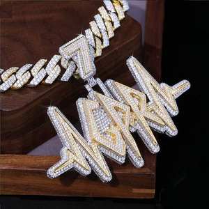 Pendentif personnalisable en argent sterling plaqué argent avec lettre baguette, serti de moissanite, style hip-hop pour homme, breloque de fête - Product Image 3