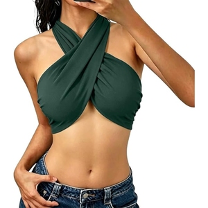 Women's Criss-<b>Cross</b> Halter Tank <b>Top</b> Solid Color Ruched Sexy Club Style Breathable Knitted Spandex Polyester <b>Top</b> - Product Image 1