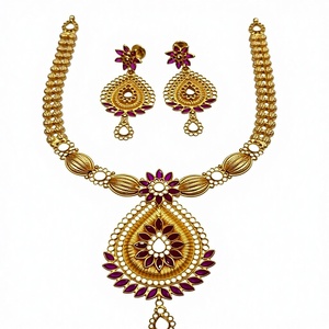 22K <b>Solid</b> <b>Gold</b> Necklace Set Traditional Indian Teardrop <b>Pendant</b> Matching Earrings Bridal Wedding Jewelry Set For Women - Product Image 1