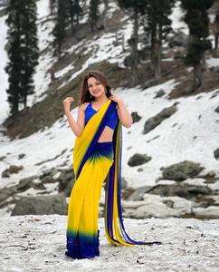 AARA Fashion <b>Yellow</b> Blue Ombre Modern Women Traditional Indian Wedding Wear Polyester Floor Length Regular Fit <b>Saree</b> for Adults - Product Image 3