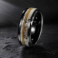 Bague de mariage classique pour homme en tungstène noir facetté, triple incrustation météorite et fil d'or, largeur 8mm, vente en gros