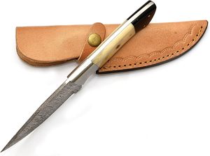 Cuchillo Skinner de Acero de Damasco Hecho a Mano, Grado Industrial, Afilado, con Punta Caída, Bolster de Acero Inoxidable y Mango de Hueso Color Camel, para Uso Exterior y EDC - Product Image 2