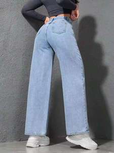 Jeans Anchos de Corte Recto con Bolsillos, Cintura Alta, 100% Algodón, Lavado Ácido - Product Image 3