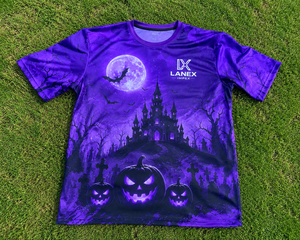 T-shirt personnalisé pour homme Halloween, motif citrouille Jack O'Lantern violette et château hanté, imprimé 3D, manches courtes, streetwear décontracté - Product Image 6