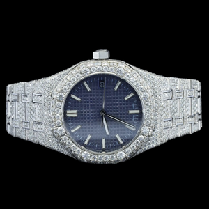 Reloj de Cuarzo con Diseño Moderno Hecho a Mano, Totalmente Cubierto de Diamantes de Imitación Estilo Hip Hop, Esfera Redonda Azul con Fecha Automática - Product Image 2