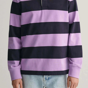 Polo de Manga Larga a Rayas para Hombre, Tejido, Estilo Casual, Color Morado Claro y Azul Marino, Diseño de Bloques de Color, Corte Regular, Ropa Casual de Calle - Product Image 5