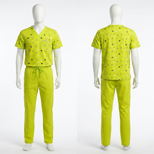 Ensemble de blouses médicales imprimées pour hommes, tissu polycoton premium 180 GSM, vert citron, haut à col en V, pantalon cargo, logo personnalisé, uniforme de travail médical - Product Image 1