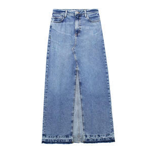 <b>Elastic</b> Split Denim Skirt Summer High Waisted Blue Denim Long Skirt - Product Image 1