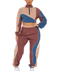 Ensemble de survêtement sportif color-block pour femme, manches longues, fermeture éclair, coupe ample, en polyester tricoté, deux pièces, tenue de sport - Product Image 3
