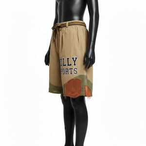 Shorts cortavientos de poliéster premium para mujer, color caqui, verde oliva, diseño de paneles, aplique de chenilla, logotipo personalizado. - Product Image 3