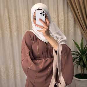 Robe Abaya Musulmane Modeste avec Hijab Assorti et Ceinture, Manches Longues Ornées, Respirante, Infroissable, Légère, en Nida, Longueur Cheville - Product Image 2