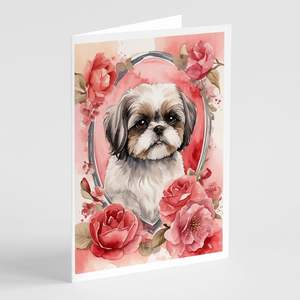 Whimsical Shih Tzu Valentine Roses A7 Size 5x7 Blank <b>Note</b> <b>Cards</b> Pack of 8 with Envelopes for <b>Greetings</b> <b>and</b> <b>Notes</b> - Product Image 1