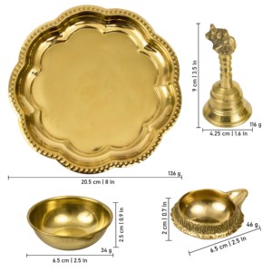 Juego de Thali de Latón con Diseño Zig Zag, Campana, Diya y Tazón para Kumkum, Artículos Tradicionales para Puja, para el Templo del Hogar y para Regalo - Product Image 2
