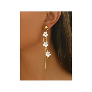 Eleganti Orecchini Pendenti di Alta Moda per Donna, 1 Paio con Perle Finte, Conchiglia e Fiore a 5 Petali con Strass Rosa e Nappine - Product Image 3