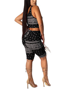 Ensemble de vêtements de sport imprimés pour femmes, 2 pièces, haut court et short au-dessus du genou, vêtements de sport pour la salle de sport et le yoga, respirant, tricoté en spandex et polyester - Product Image 1