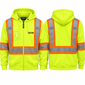 High Visibility Reflective Safety <b>Hoodie</b> with Zipper Pockets Custom Workwear Yellow <b>Orange</b> Stripe Design - Product Image 1