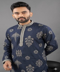 Kurta Pijama Azul Marino Bordado para Hombre, Traje Tradicional Étnico para Boda, Corte Regular, Largo hasta el Tobillo, SWASTIK-ALU ARJUN 85316 - Product Image 5