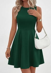Vestido Mini sin Mangas con Cuello Redondo, Corte en A, Color Verde Sólido, Informal, para Verano, Tejido de Punto, Corte Regular, Dobladillo Acampanado - Product Image 6