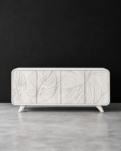 Aparador Moderno Blanco de Madera con Tallado de Hojas Hecho a Mano, Aparador de 4 Puertas - Product Image 1