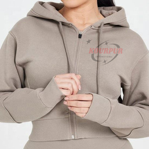 Sudadera con capucha para mujer, top corto con cremallera, color sólido, manga larga, de punto, de algodón, para otoño, transpirable - Product Image 2
