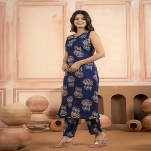 Ensemble Kurti et pantalon pour femme, bleu marine imprimé, sans manches, tenue ethnique décontractée, ensemble Kurti droit - Product Image 4