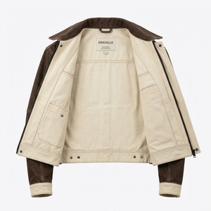 Veste utilitaire en toile denim délavée marron pour homme, style camionneur, avec patchwork contrastant personnalisé, vintage, décontractée, streetwear - Product Image 5