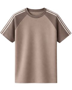 เสื้อยืดแขนยาวสีน้ำตาลขี้ม้าสำหรับผู้ชาย สไตล์ลำลอง ใส่สบายช่วงฤดูร้อน คอกลม ลายทางที่ไหล่ ผ้าฝ้ายผสม ระบายอากาศได้ดี นุ่ม สวมใส่สบาย - Product Image 1