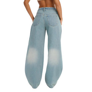Jean en denim bleu clair pour femme, coupe large, taille mi-haute, ample, 100 % coton, respirant, séchage rapide, délavage enzymatique, décontracté, poches boutonnées - Product Image 2