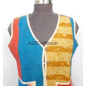 100% Cotton Breathable Floral Printed <b>Kantha</b> Waistcoat Women Handmade Unique Spring Summer Autumn Winter Sleeveless Vest Button - Product Image 2