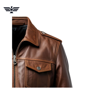 Chaqueta de Cuero Marrón para Hombre con Cierre de Cremallera, Cuello Alto, Bolsillos con Solapa, Logotipo Frontal y Transpirable - Product Image 3