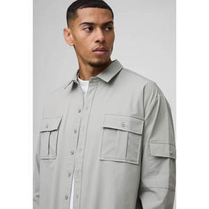 Fashion Men's Work Cargo Shirts Double Pocket Casual Long Sleeved Top Loose Fit Solid Color <b>Boy</b> Shirt - Product Image 6