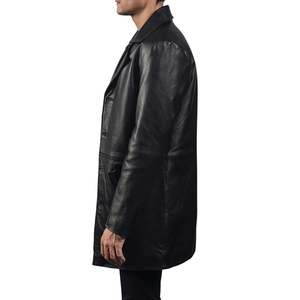 <b>Men's</b> <b>Black</b> Genuine Leather Single Breasted <b>Overcoat</b> Notched Lapel Long Trench Coat - Product Image 4