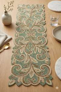 Embroidered Cotton <b>Table</b> <b>Runner</b> Floral Pattern Classic Style Washable Home Decor Green Beige - Product Image 3