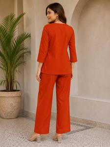 <b>Women's</b> Orange Cotton <b>Kurta</b> Pant Set Regular Fit Casual Wear India Pakistan Style All Seasons Ankle-Length Wrinkle Free - Product Image 1