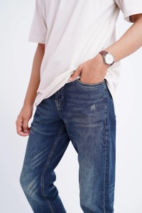 Jeans de Mezclilla Tejida Azul Lavado para Hombre, Corte Recto, Cintura Media, Casual, Algodón Elástico, Clásico, Uso Diario, Resistente, Estilo Urbano - Product Image 3