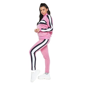 Women <b>Pink</b> Striped <b>Tracksuit</b> Set Full Sleeve Quarter-Zip Sporty Casual Wear With Side Pockets Regular Fit Autumn Season - Product Image 2