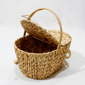 Round Water Hyacinth Handmade Eco-Friendly Picnic <b>Basket</b> with Lid <b>Storage</b> <b>Baskets</b> for Outdoor Camping Picnicking - Product Image 1