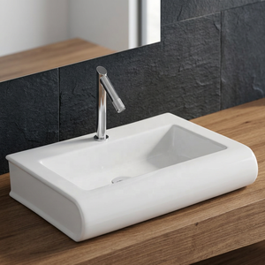 Lavabo de salle de bain artistique rectangulaire moderne en céramique à poser sur comptoir avec accessoire de vidange - Product Image 3
