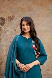 Conjunto de Salwar Kameez de Algodón Puro con Apliques de Turquesa para Mujer, Kurti de Manga 3/4 y Pantalón con Dupatta para Fiesta o Boda - Product Image 2