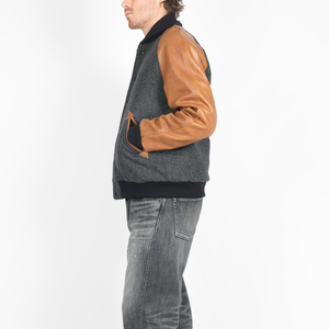 Grey and Tan Varsity <b>Jacket</b> for Men Wool and <b>Leather</b> Bomber Style Outerwear with Snap Button Front and Ribbed Collar Cuffs and - Product Image 4
