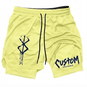 Vêtements de sport pour hommes, respirants, en tissu maille double couche jaune personnalisé, 100% polyester, tissu peigné, taille élastique, pour la gym et le fitness - Product Image 1