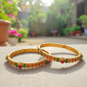 24K Gold Plated Ethnic Matte Kemp Stone Studded <b>Bangles</b> - Product Image 3