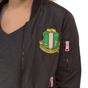 AKA Satin Bomber Jacket Black Pink Women Lightweight Zip Up Jacket Embroidered Crest Rib Knit Casual Outerwear - Product Image 5