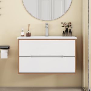 Mobile Bagno Sospeso da 32 Pollici con Doppio Cassetto, Sistema Soft-Close e Lavabo in Ceramica Arrotondato - Collezione Soli-Bathroom - Product Image 4