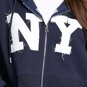 Custom <b>NY</b> Self Fabric Applique Women's Winter <b>Hoodies</b> Full Sleeve Boxy Zip-Up Stonewashed 100% Cotton Fleece Hooded Gym - Product Image 4